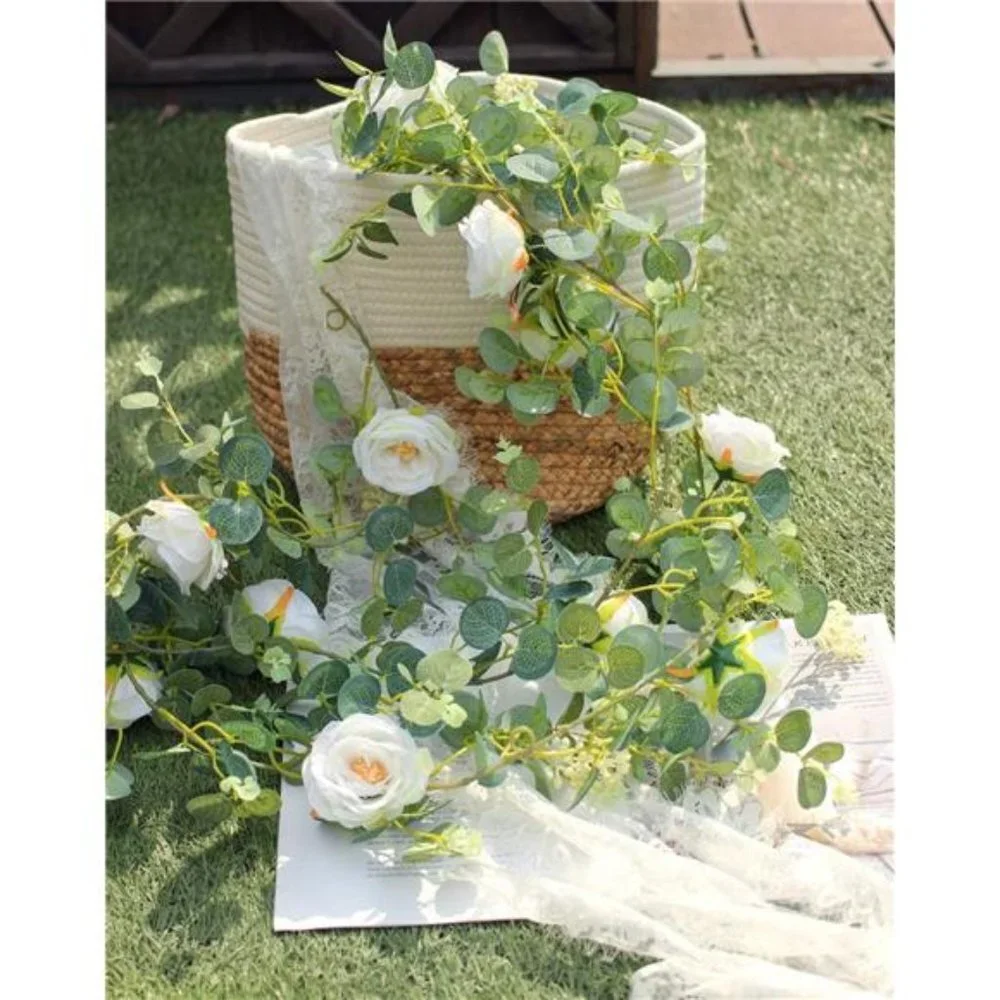 2 Pack 13Ft Artificial Eucalyptus Flower Garland with Fake Rose (White)